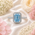 Blue Emerald Cut Lab Grown Diamond Ring, 1.50 Carat Blue Diamond Engagement Ring, Emerald Cut Halo Ring, Round Diamond Accents, Pavé Band