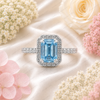 Blue Emerald Cut Lab Grown Diamond Ring, 1.50 Carat Blue Diamond Engagement Ring, Emerald Cut Halo Ring, Round Diamond Accents, Pavé Band