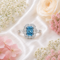 Blue Radiant Cut Lab Grown Diamond Ring, 2 Carat Blue Diamond Engagement Ring, Halo Ring, Baguette Side Stones, Statement Ring, 10K 14K 18K