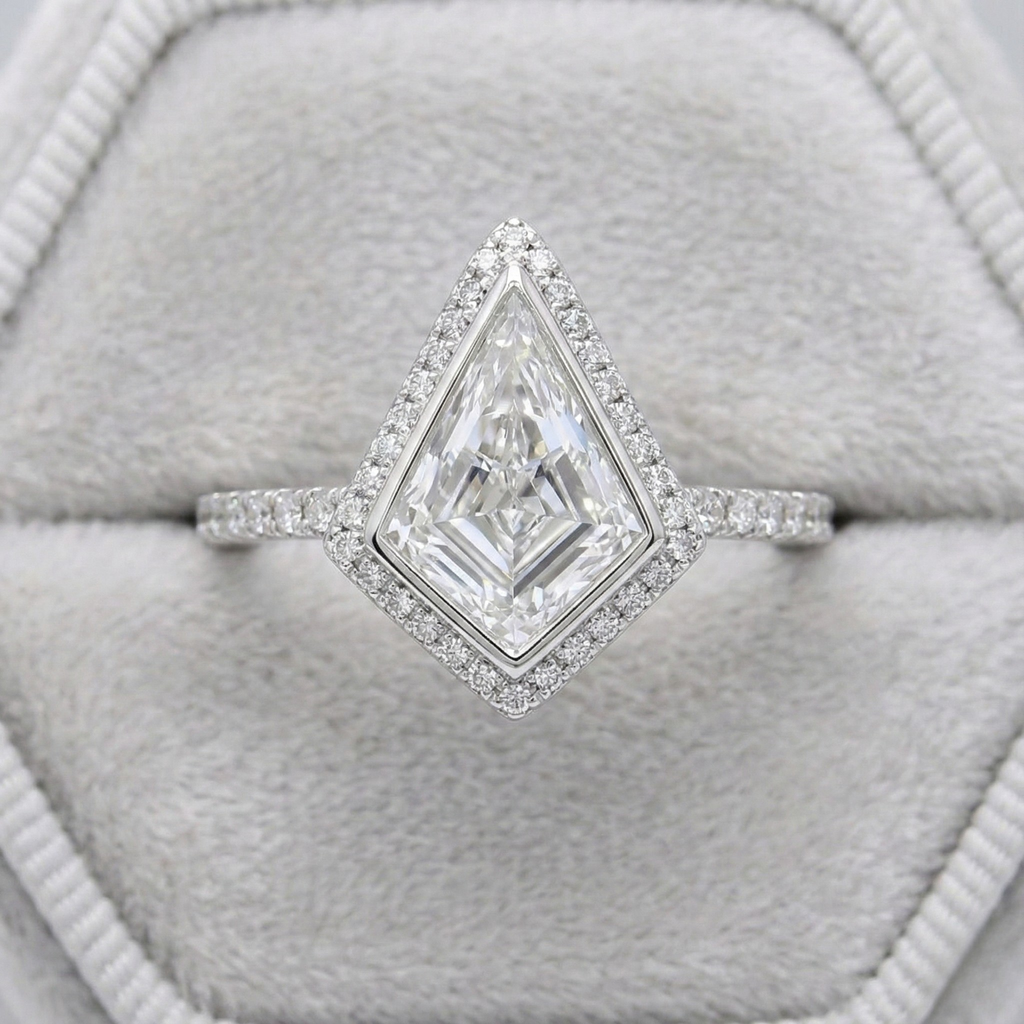 Art Deco Kite Cut Halo Ring | Lab Grown Diamond | 14K Yellow Gold Geometric Design