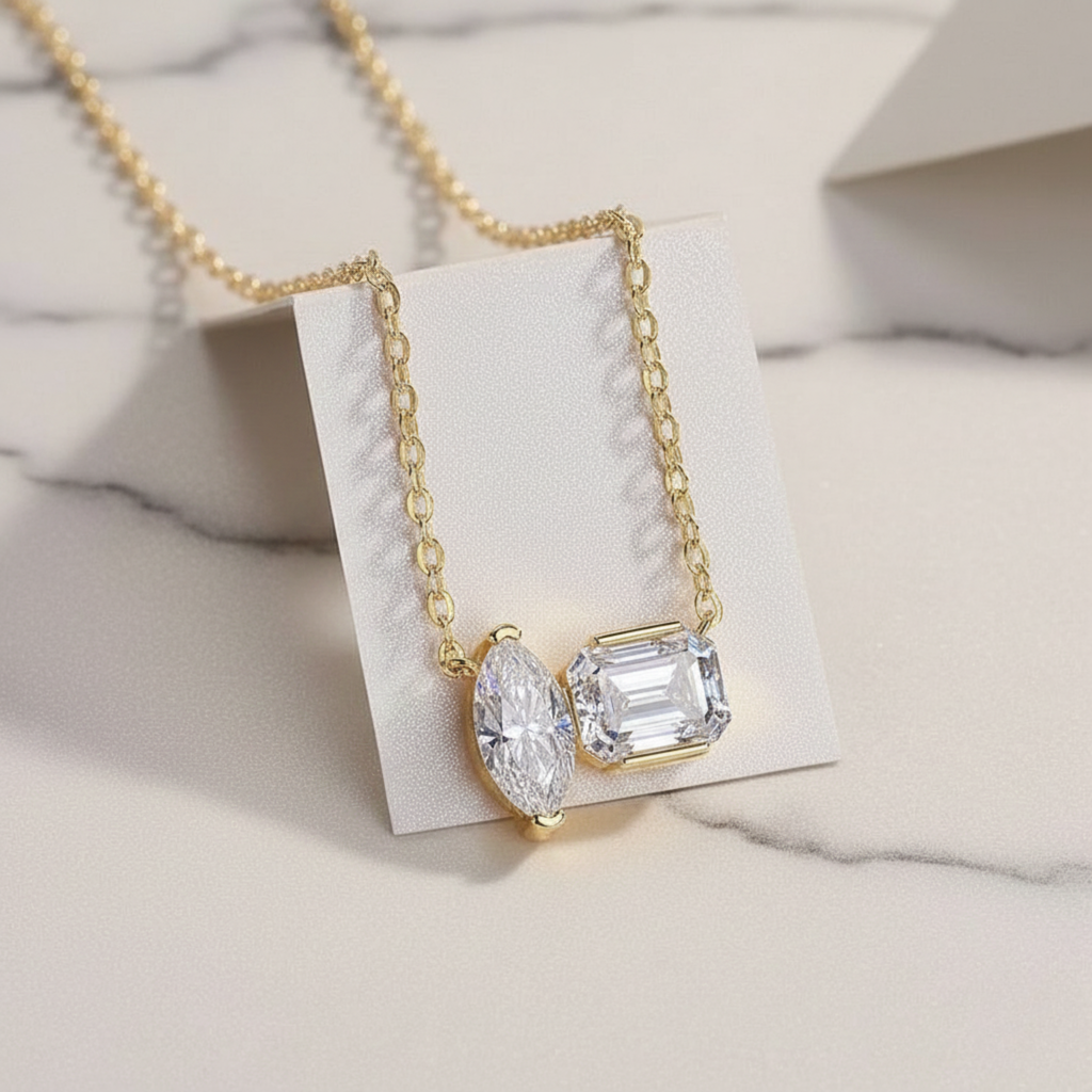 Duo Pendant Necklace Marquise and Emerald | Lab Grown Diamond | 14K Yellow Gold Modern Style