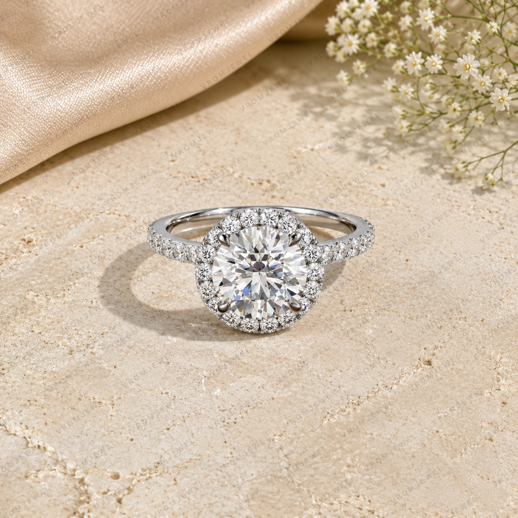 Round Shape Lab Grown Diamond Halo Engagement Ring in Solid 14K Gold
