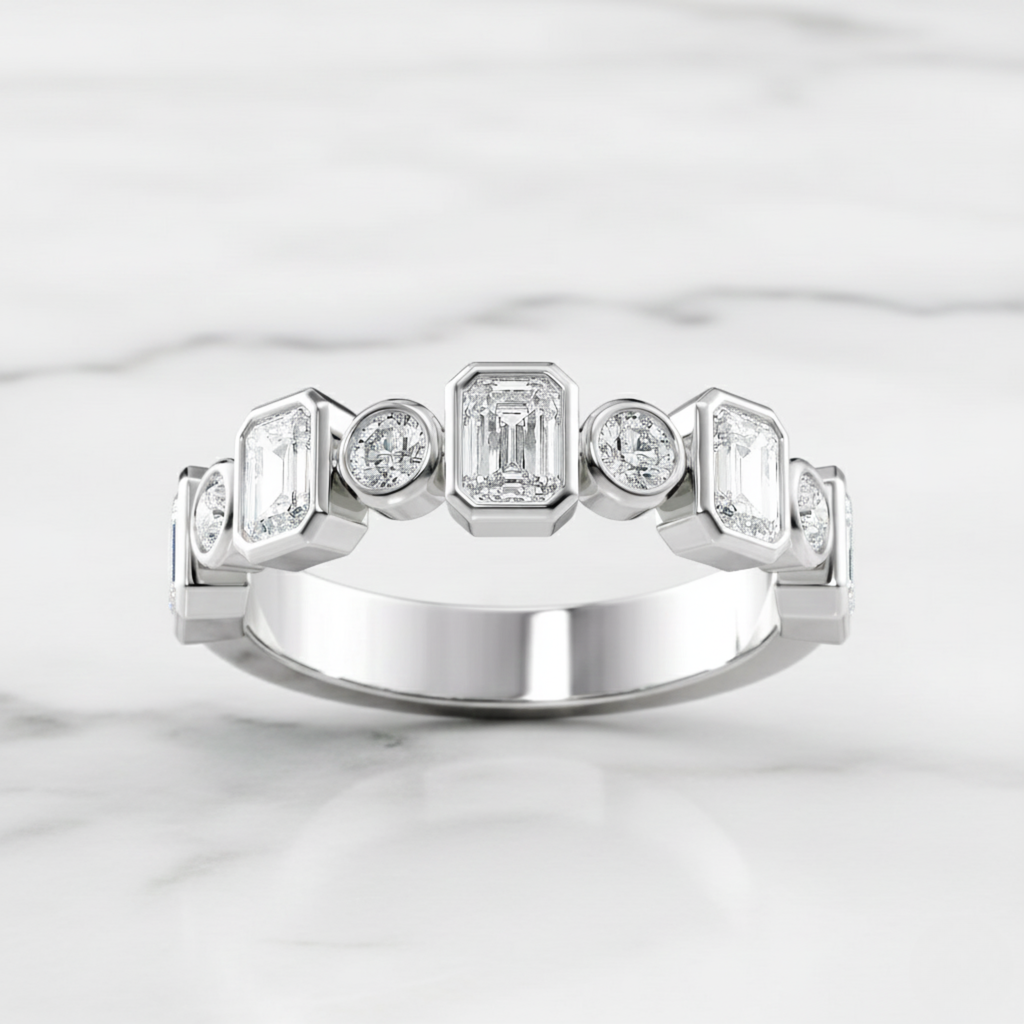 Bezel Set Emerald & Round Cut Band | Lab Grown Diamond | 14K Yellow Gold Minimal Style