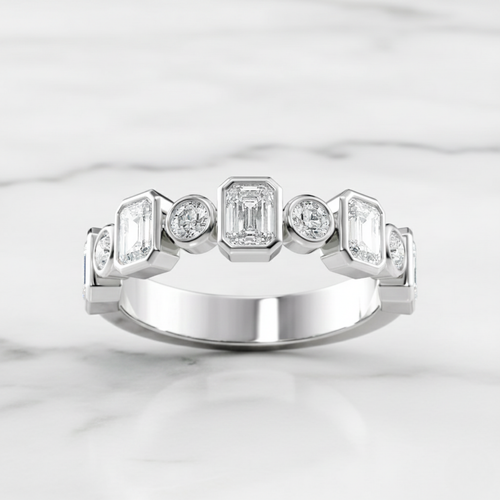 Bezel Set Emerald & Round Cut Band | Lab Grown Diamond | 14K Yellow Gold Minimal Style
