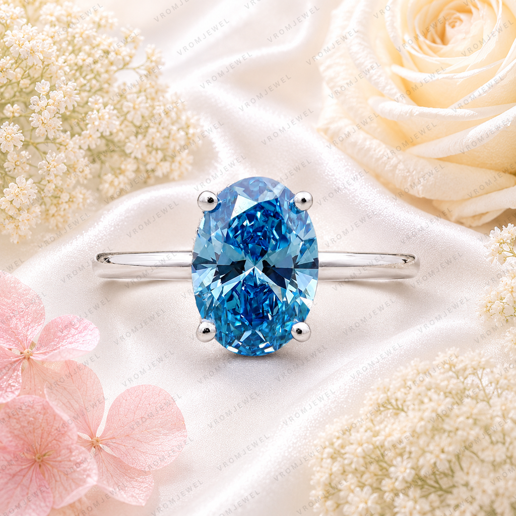 Blue Oval Lab Grown Diamond Engagement Ring, 2 Carat Blue Diamond Ring, Oval Solitaire Engagement Ring, Minimalist Blue Ring, 10K 14K 18K
