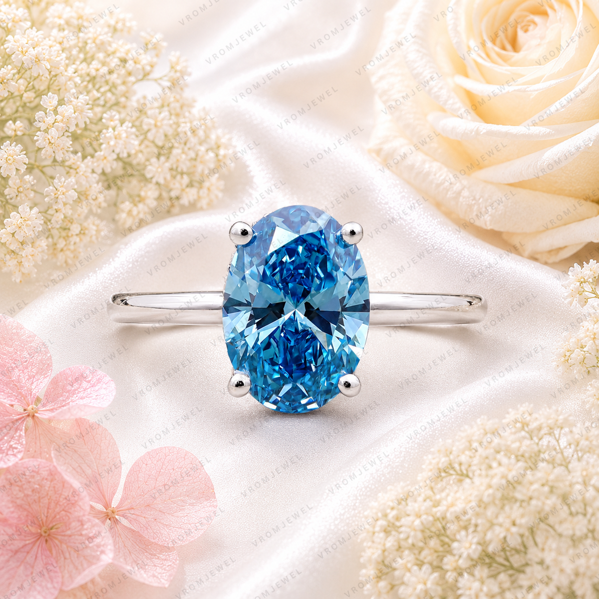 Blue Oval Lab Grown Diamond Engagement Ring, 2 Carat Blue Diamond Ring, Oval Solitaire Engagement Ring, Minimalist Blue Ring, 10K 14K 18K