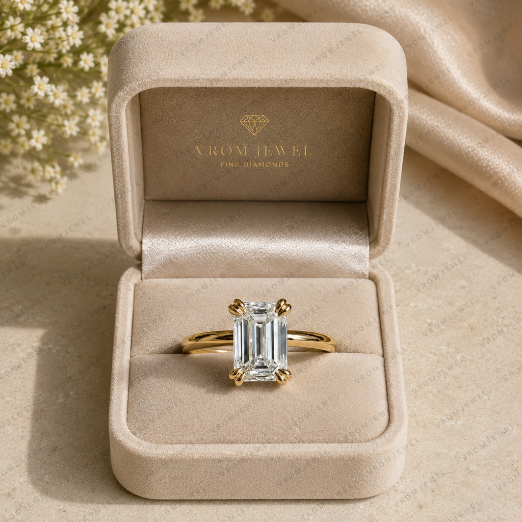 Emerald Cut Lab Grown Diamond Multi Prong Solitaire Ring in Solid 14K Gold
