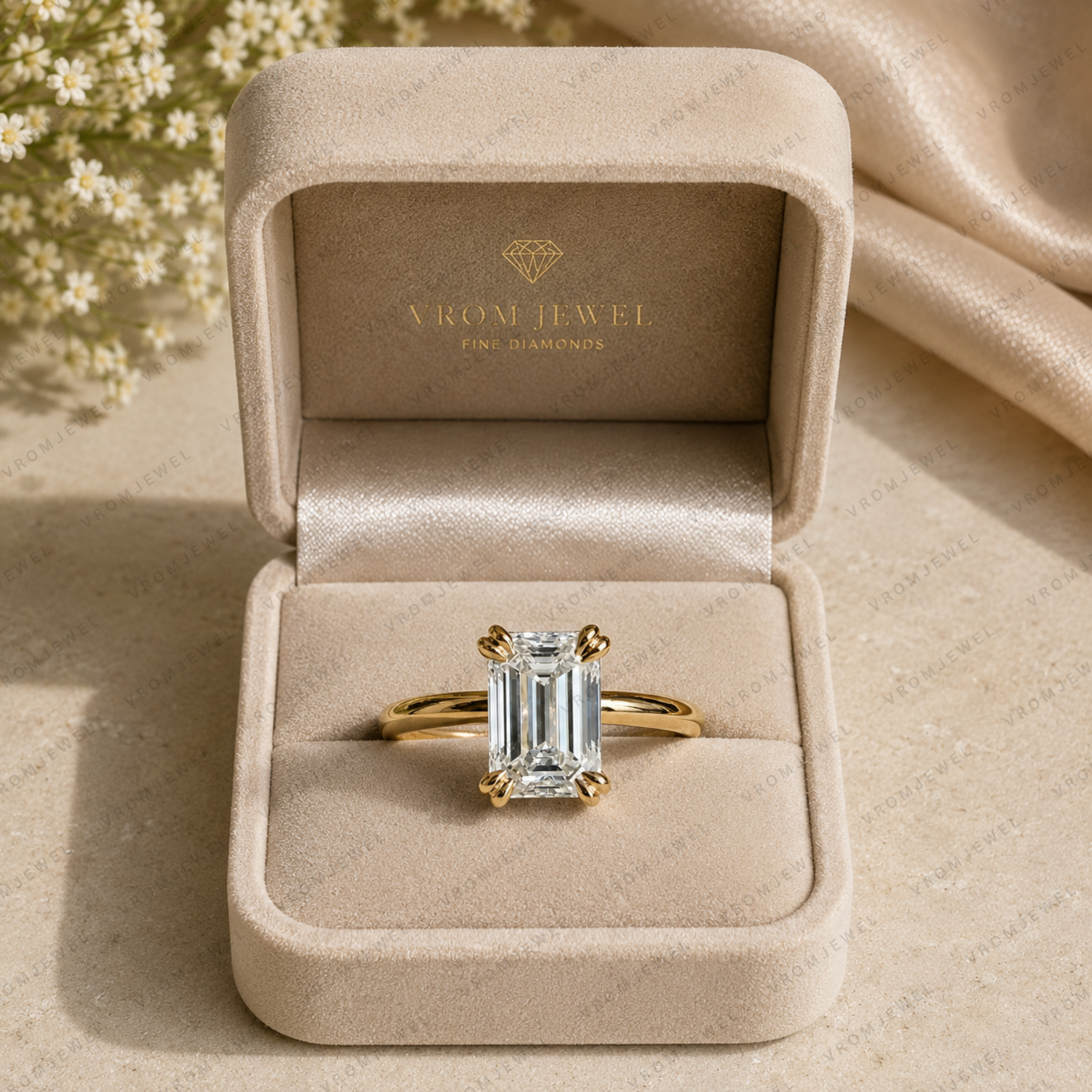 Emerald Cut Lab Grown Diamond Multi Prong Solitaire Ring in Solid 14K Gold