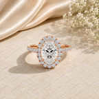 Oval Shape Lab Grown Diamond Halo Engagement Ring with Side Stones in Solid 14K Gold