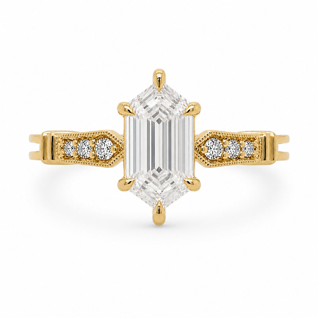 Hexagon Diamond Signet Ring, Hexagon Lab Grown Diamond Ring, Modern Geometric Gold Ring, Statement Diamond Ring, Unique Signet Ring