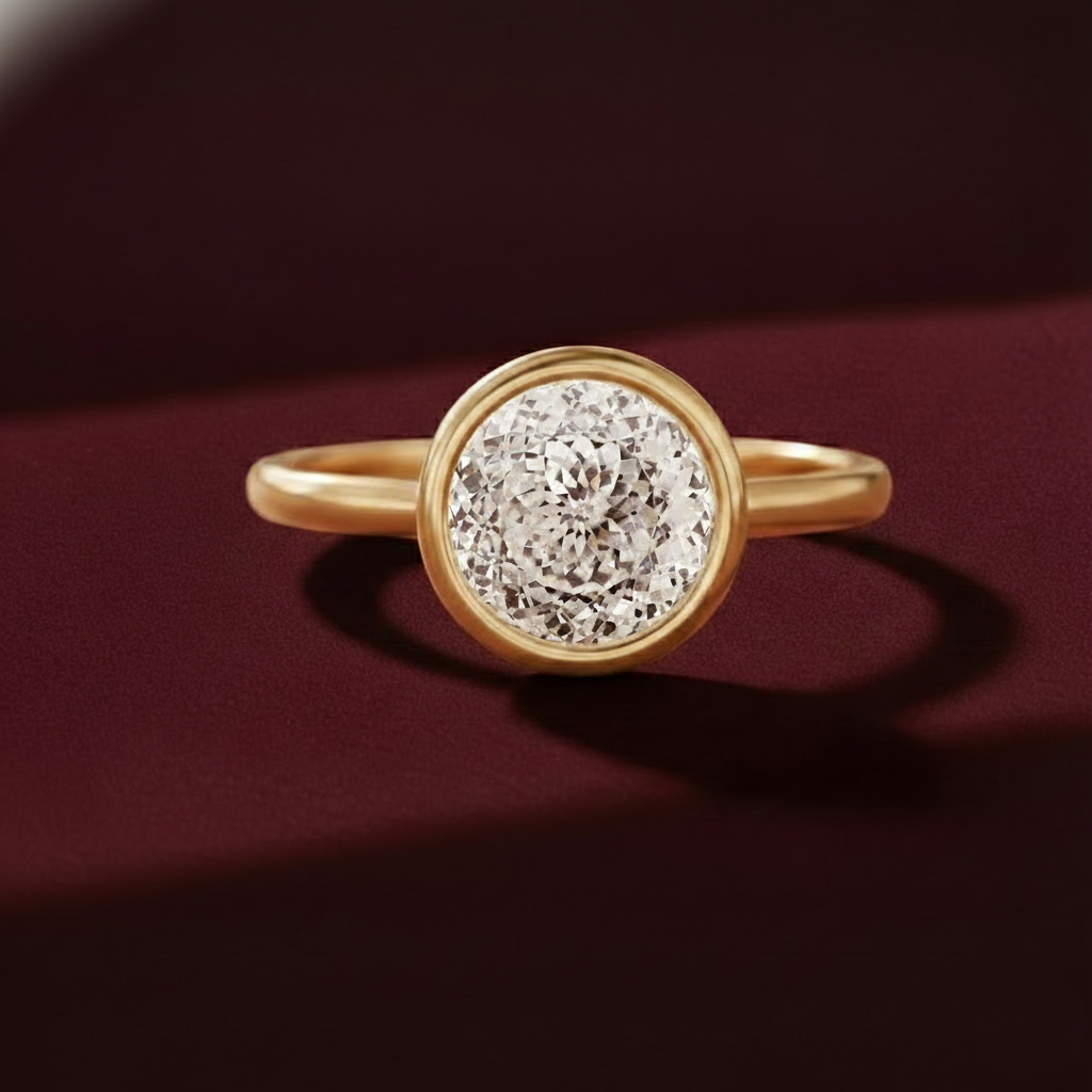 Portuguese Cut Lab Grown Diamond Ring, Bezel Set Round Engagement Ring, 14K Yellow Gold Solitaire Ring, Statement Diamond Ring,IGI Certified