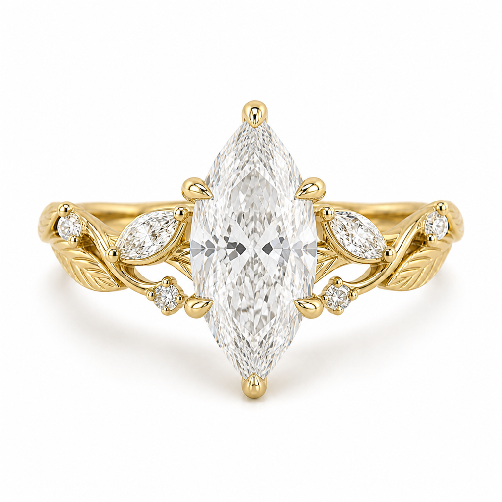 Marquise Diamond Nature Inspired Ring, Marquise Lab Grown Diamond Ring, Floral Diamond Engagement Ring, Leaf Inspired Gold Ring, Unique Ring