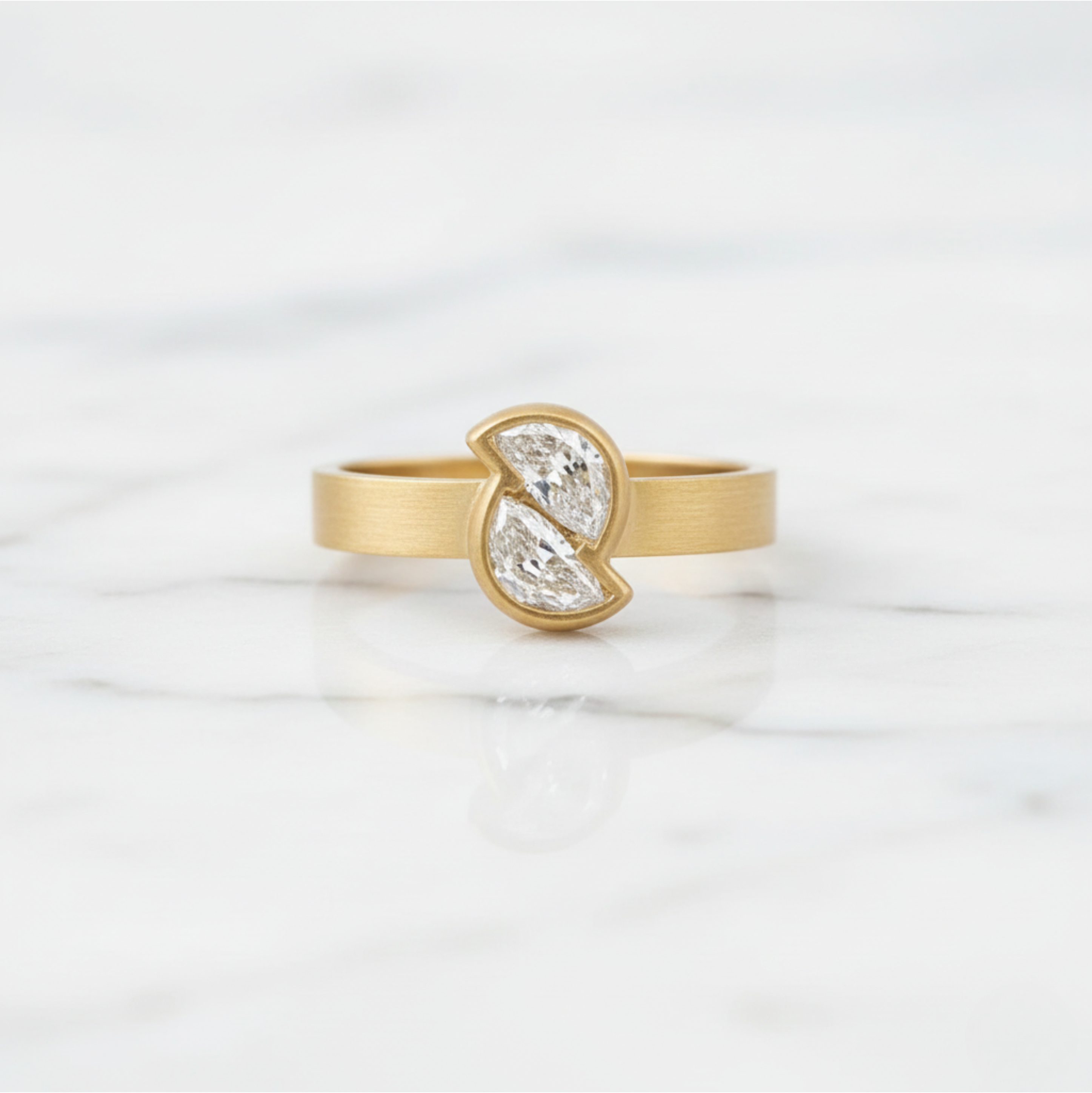 Half Moon Diamond Ring Matte Finish Semi Bezel | Lab Grown Diamond | 14K Yellow Gold