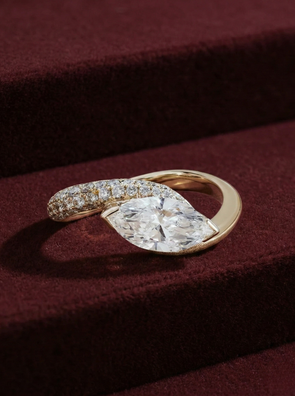 Marquise Lab Grown Diamond Engagement Ring, Modern Bypass Diamond Ring, 14K Yellow Gold Marquise Ring, Unique Diamond Engagement Ring