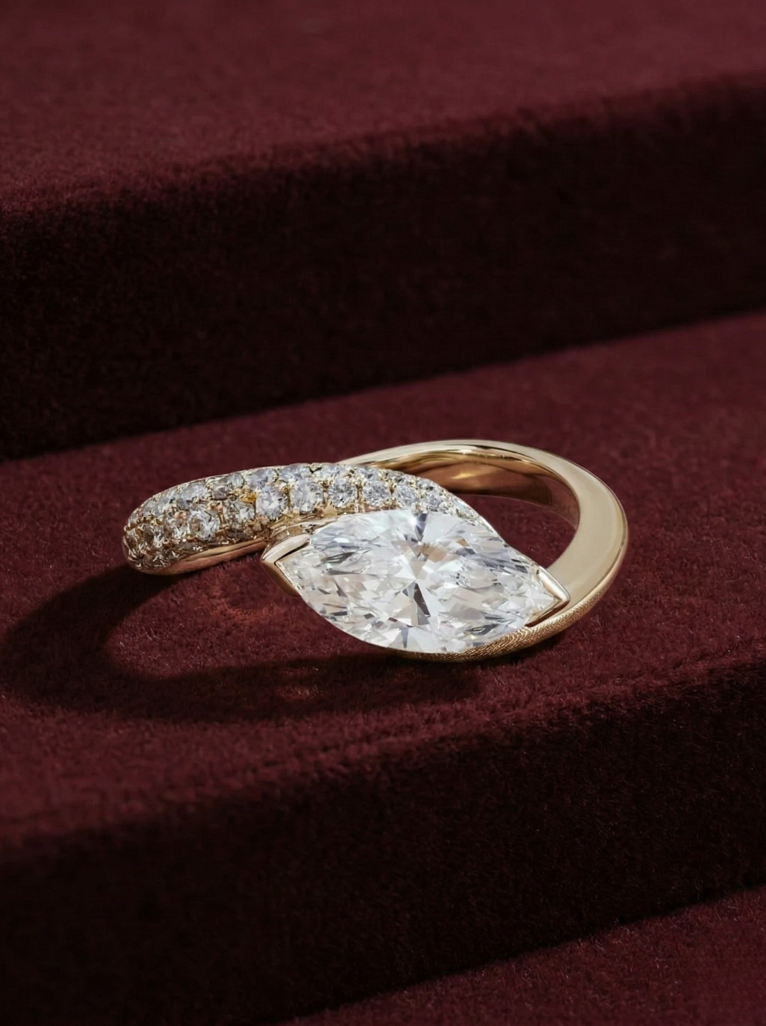 Marquise Lab Grown Diamond Engagement Ring, Modern Bypass Diamond Ring, 14K Yellow Gold Marquise Ring, Unique Diamond Engagement Ring