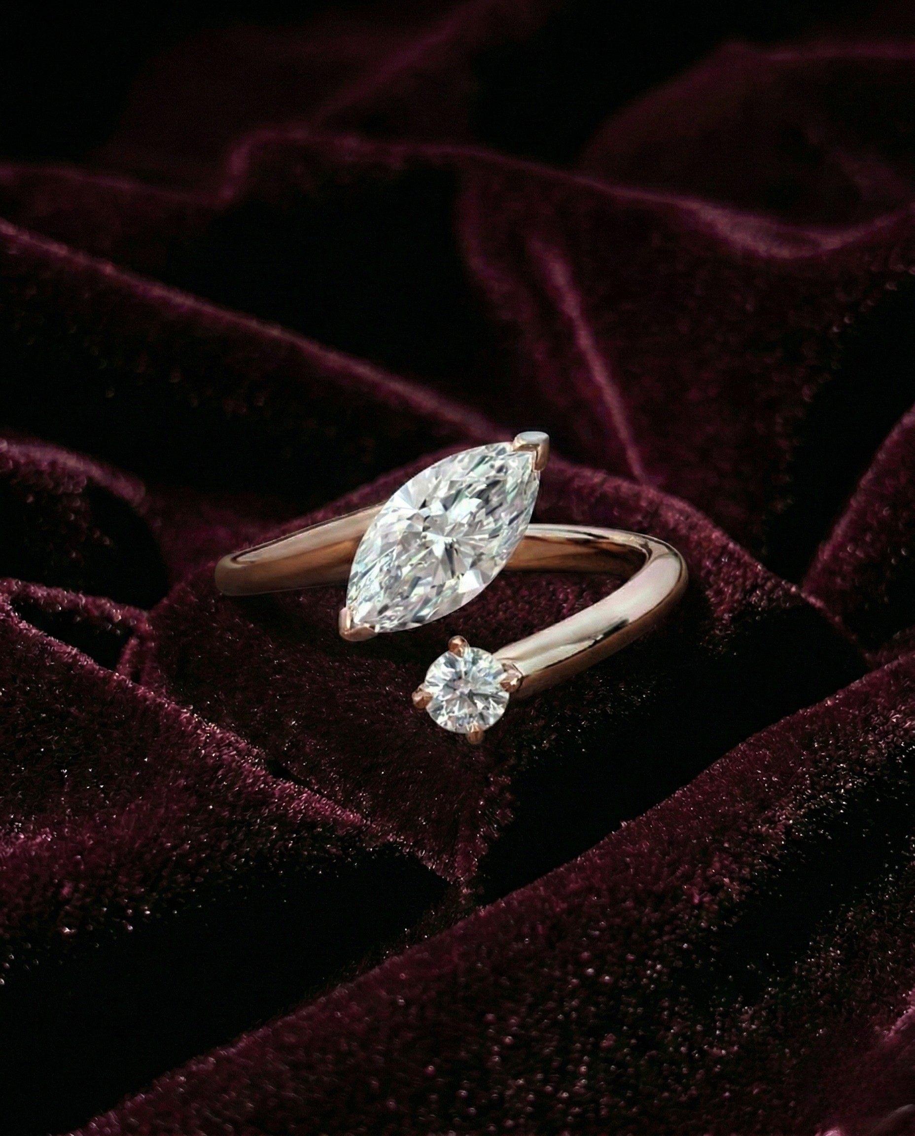Marquise Lab Grown Diamond Engagement Ring with Round Accent Diamond, Modern Open Diamond Ring, 14K Yellow Gold Statement Ring