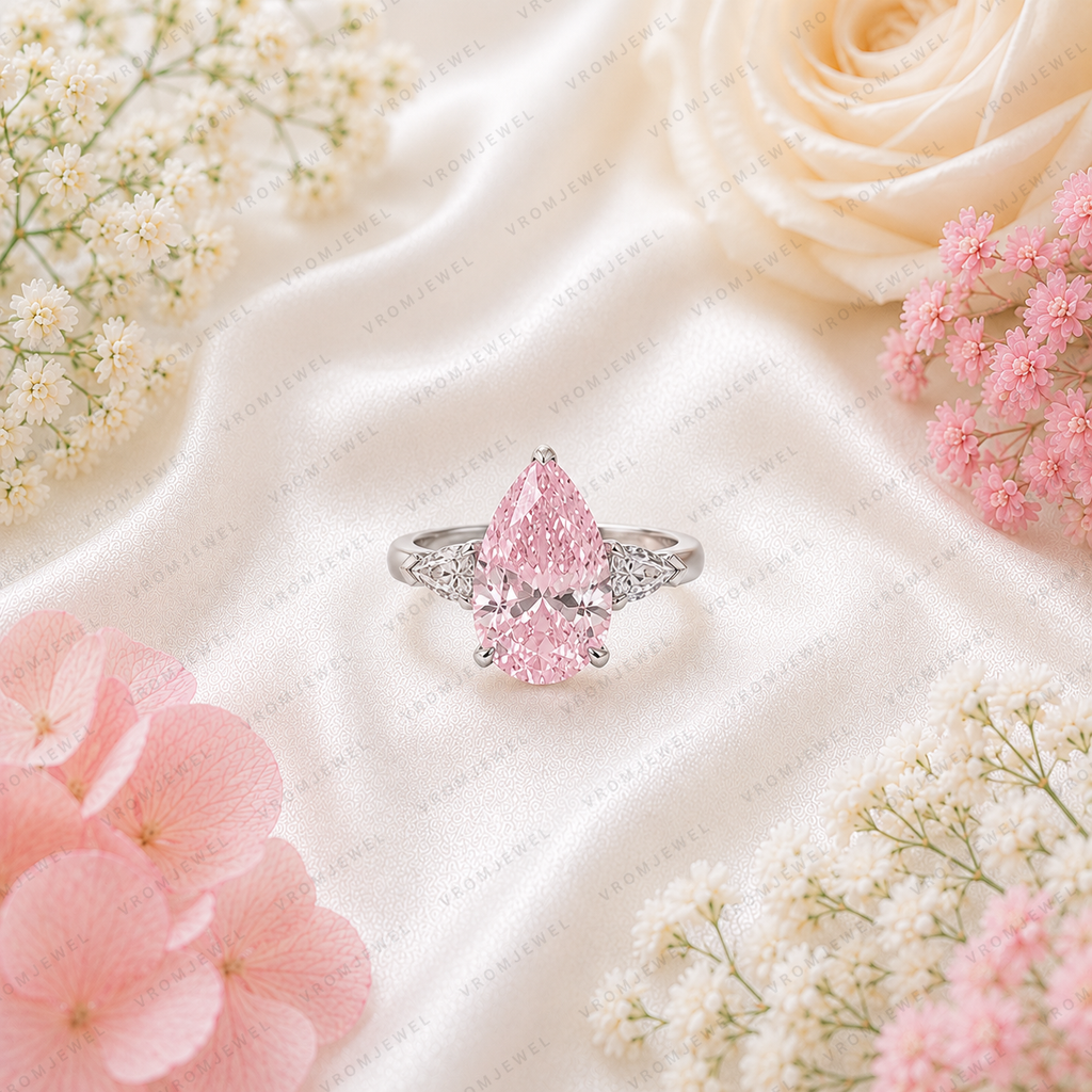Pink Pear Shape Lab Grown Diamond Engagement Ring, Vintage Inspired Diamond Ring, Side Stone Ring, IGI Certified, 10K 14K 18K Gold
