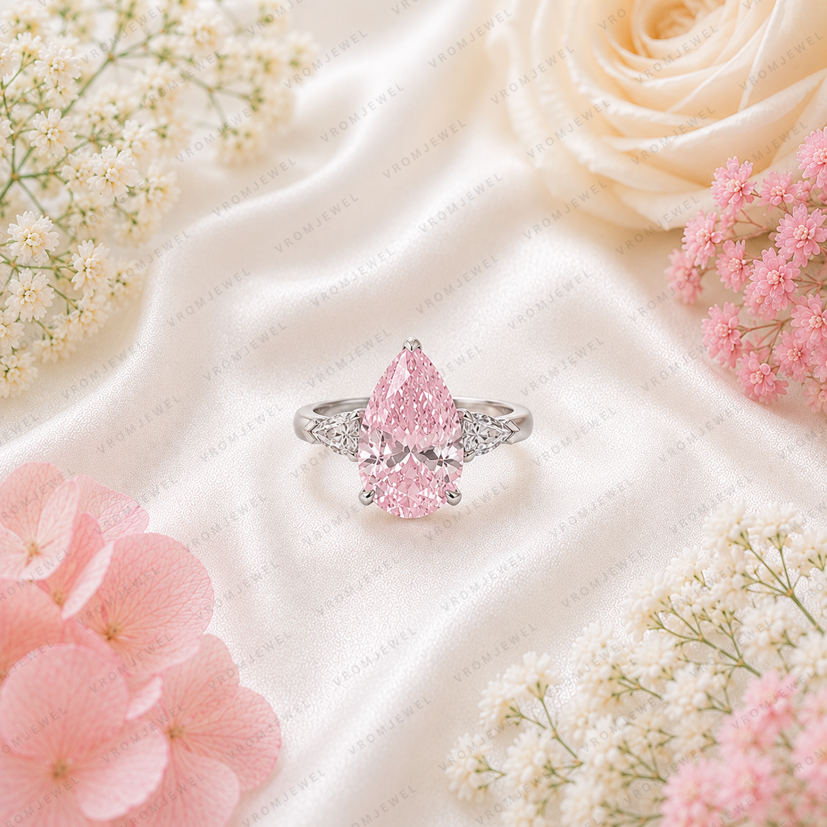Pink Pear Shape Lab Grown Diamond Engagement Ring, Vintage Inspired Diamond Ring, Side Stone Ring, IGI Certified, 10K 14K 18K Gold