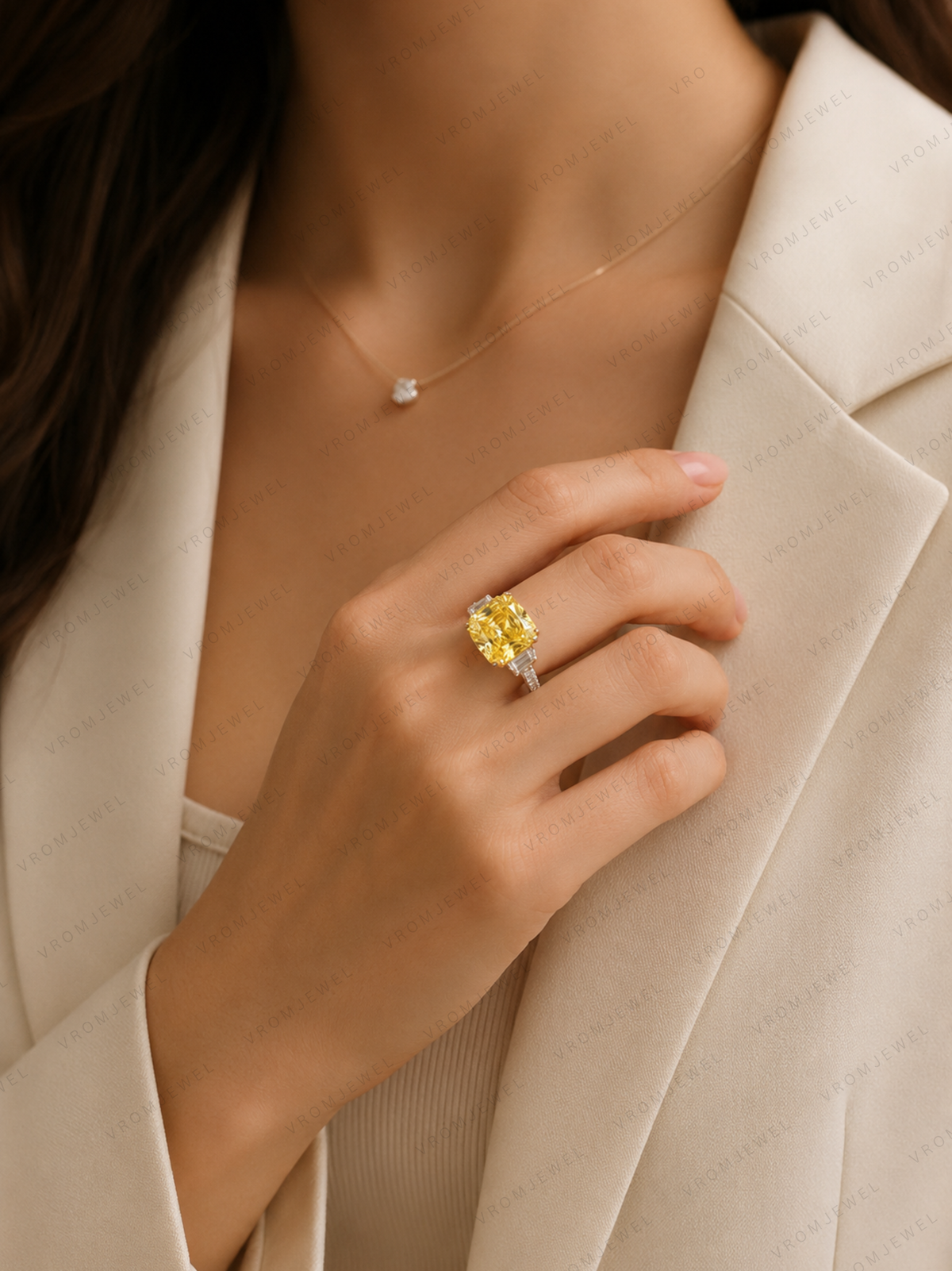 Yellow Cushion Lab Grown Diamond Ring, Cushion Cut Engagement Ring, Three Stone Diamond Ring, Solid Gold Diamond Ring, Yellow Diamond Ring