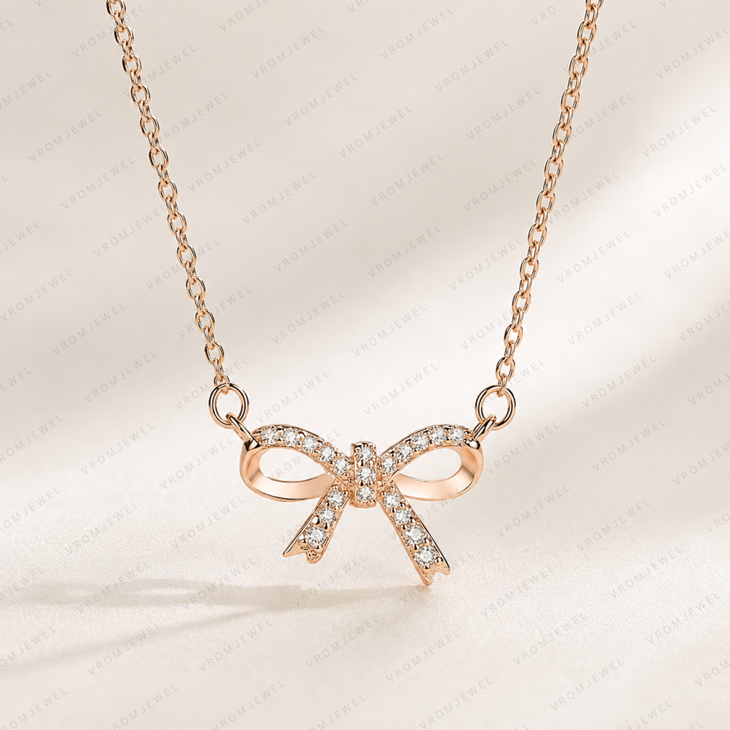Bow Diamond Necklace, Lab Grown Diamond Bow Pendant, Solid Gold Bow Necklace, Minimalist Ribbon Necklace, Cute Diamond Necklace