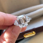 Emerald Cut Three Stone Ring Heart Shape Side Stones | Lab Grown Diamond | 14K Yellow Gold