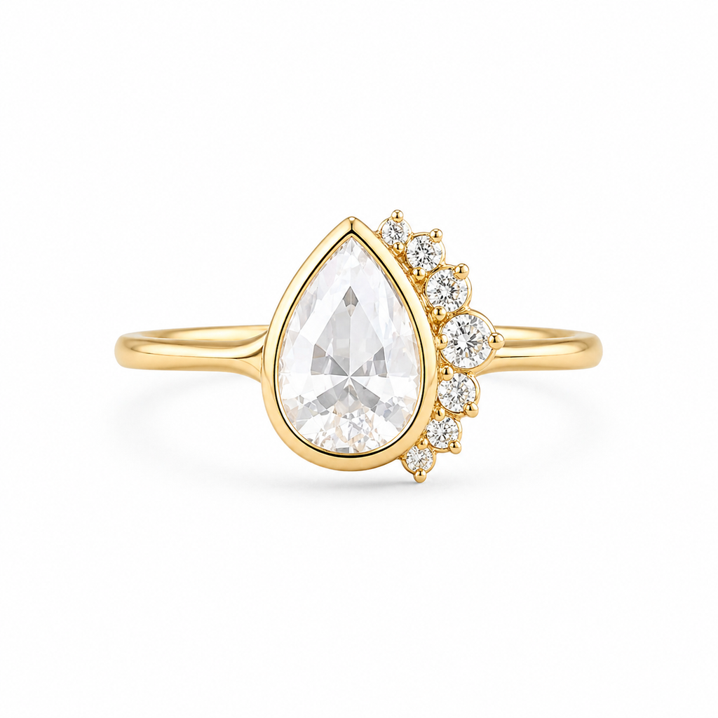 Pear Shape Rose Cut Lab Grown Diamond Ring | 1 CT | Nature Inspired Design | Bezel Setting with Graduated Accents | 14K Gold