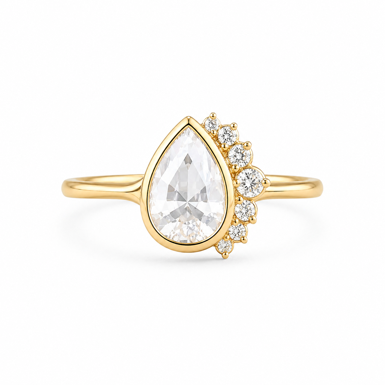 Pear Shape Rose Cut Lab Grown Diamond Ring | 1 CT | Nature Inspired Design | Bezel Setting with Graduated Accents | 14K Gold