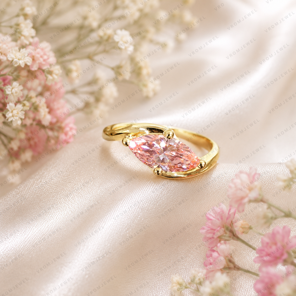 Pink Marquise Lab Grown Diamond Engagement Ring, 1.30 Carat Pink Diamond Ring, Minimalist Solitaire Ring, Unique Curved Setting, 10K 14K