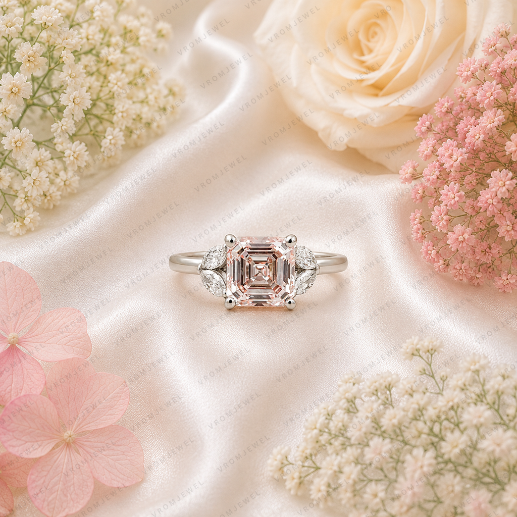 Pink Asscher Cut Lab Grown Diamond Engagement Ring, Leaf Side Stone Ring, Vintage Inspired Pink Diamond Ring, 10K 14K 18K Gold