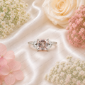 Pink Asscher Cut Lab Grown Diamond Engagement Ring, Leaf Side Stone Ring, Vintage Inspired Pink Diamond Ring, 10K 14K 18K Gold