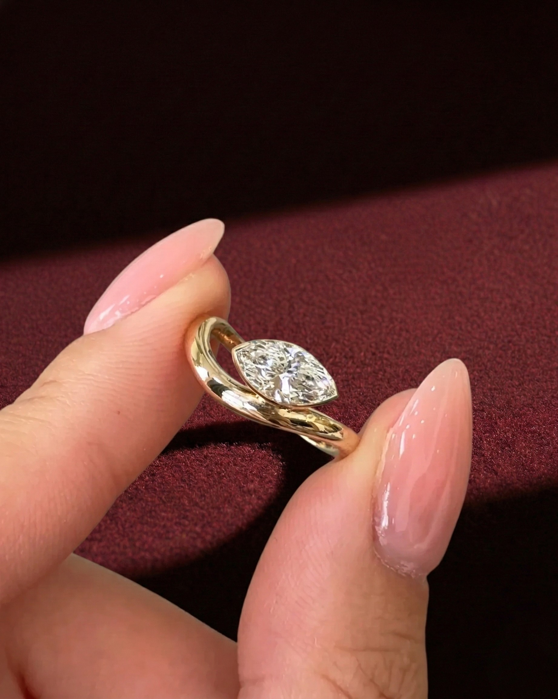 Marquise Diamond Floater Engagement Ring, Half Bezel Marquise Diamond Ring, Minimalist Marquise Diamond Ring, Marquise Diamond Promise Ring.