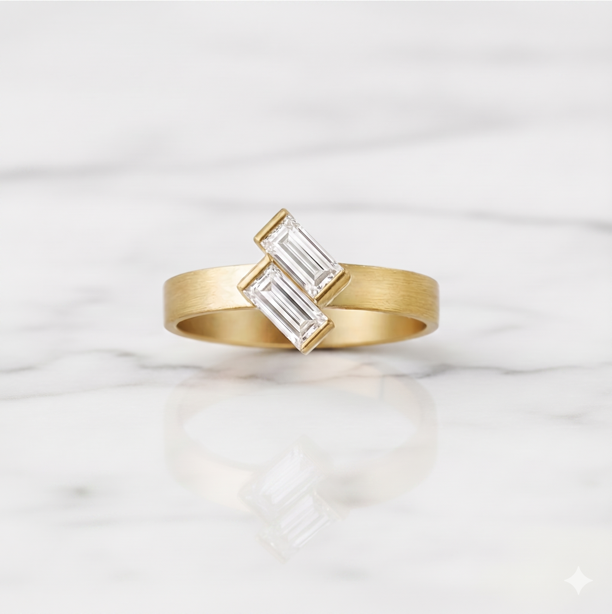 Baguette Cut Ring Matte Finish Semi Bezel | Lab Grown Diamond | 14K Yellow Gold
