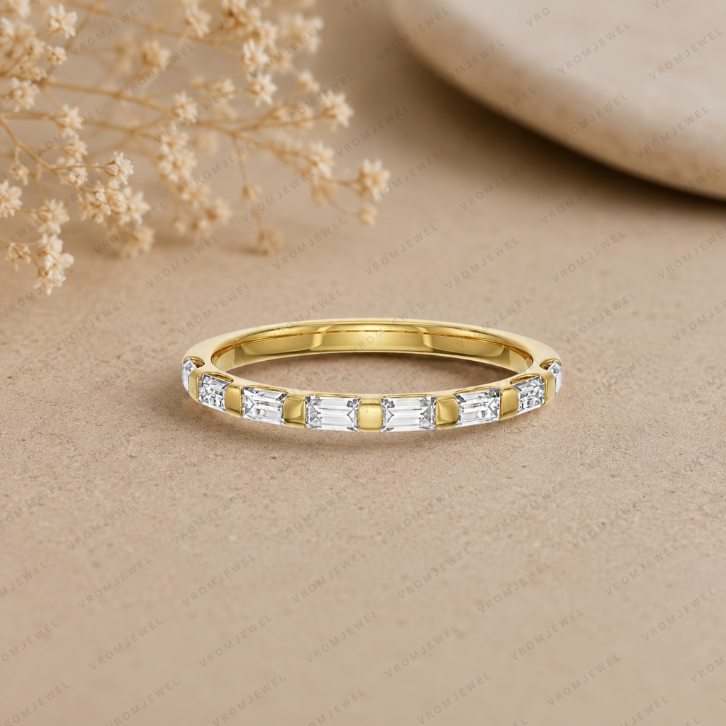Baguette Lab Grown Diamond Wedding Band: Minimalist Half Eternity Stacking Ring