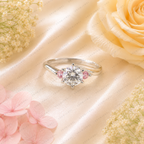 Round Lab Grown Diamond Engagement Ring, F Color Diamond Ring, Pink Diamond Side Stones, Three Stone Ring, Floral Inspired Ring, 10K 14K 18K