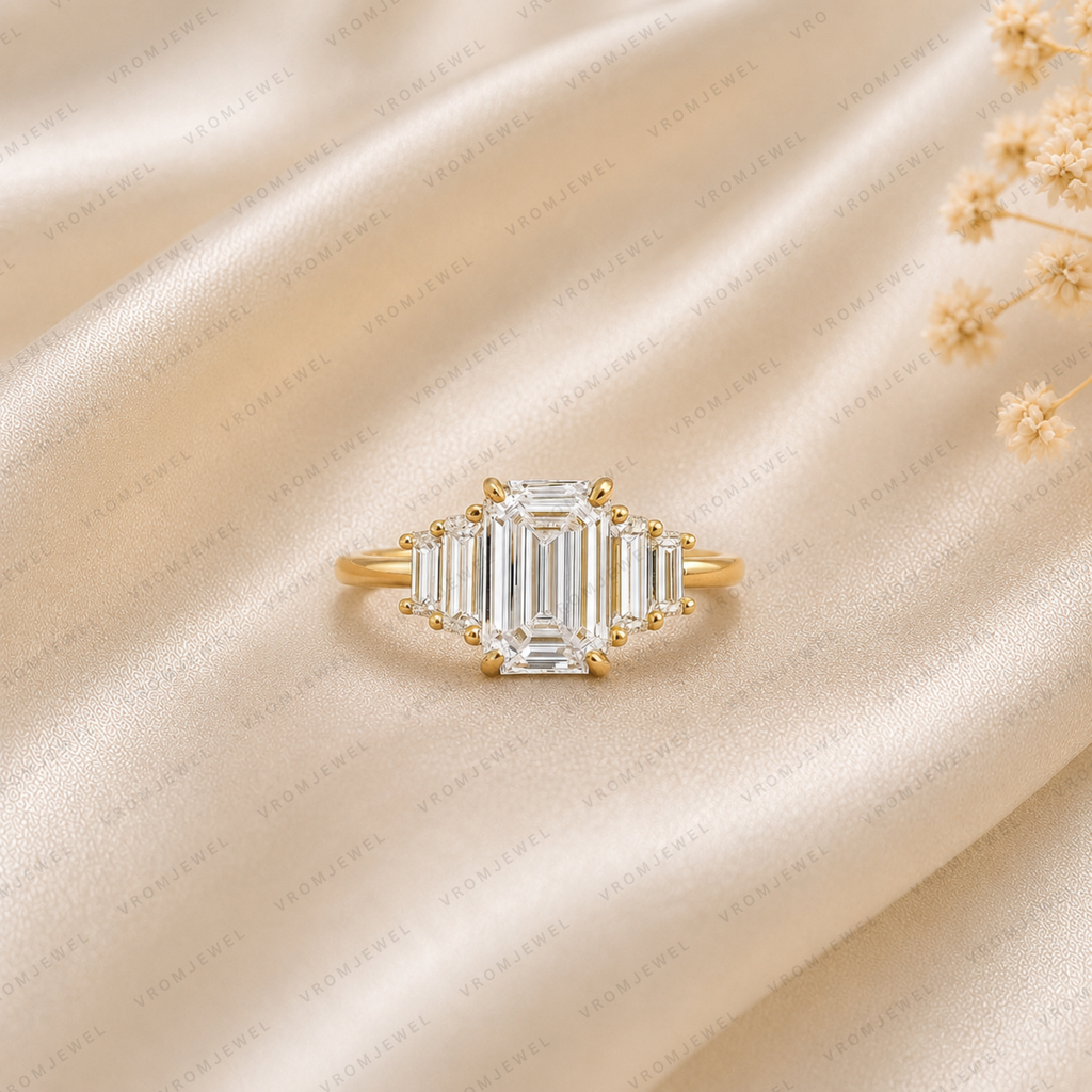 Emerald Cut Lab Grown Diamond Engagement Ring | 14K Gold Baguette Bar Ring