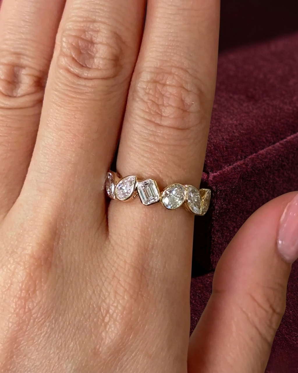 Multi Shape Diamond Half Eternity Band, Bezel Set Diamond Wedding Band, Mixed Shape Diamond Ring, Anniversary Stackable Band