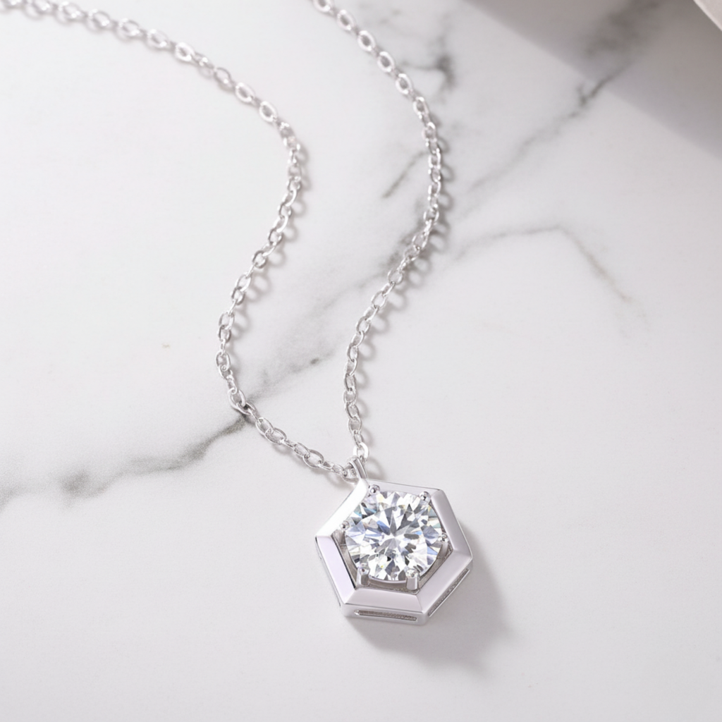 Modern Hexagon Style Round Pendant Necklace | Lab Grown Diamond | 14K Yellow Gold Elegant Style