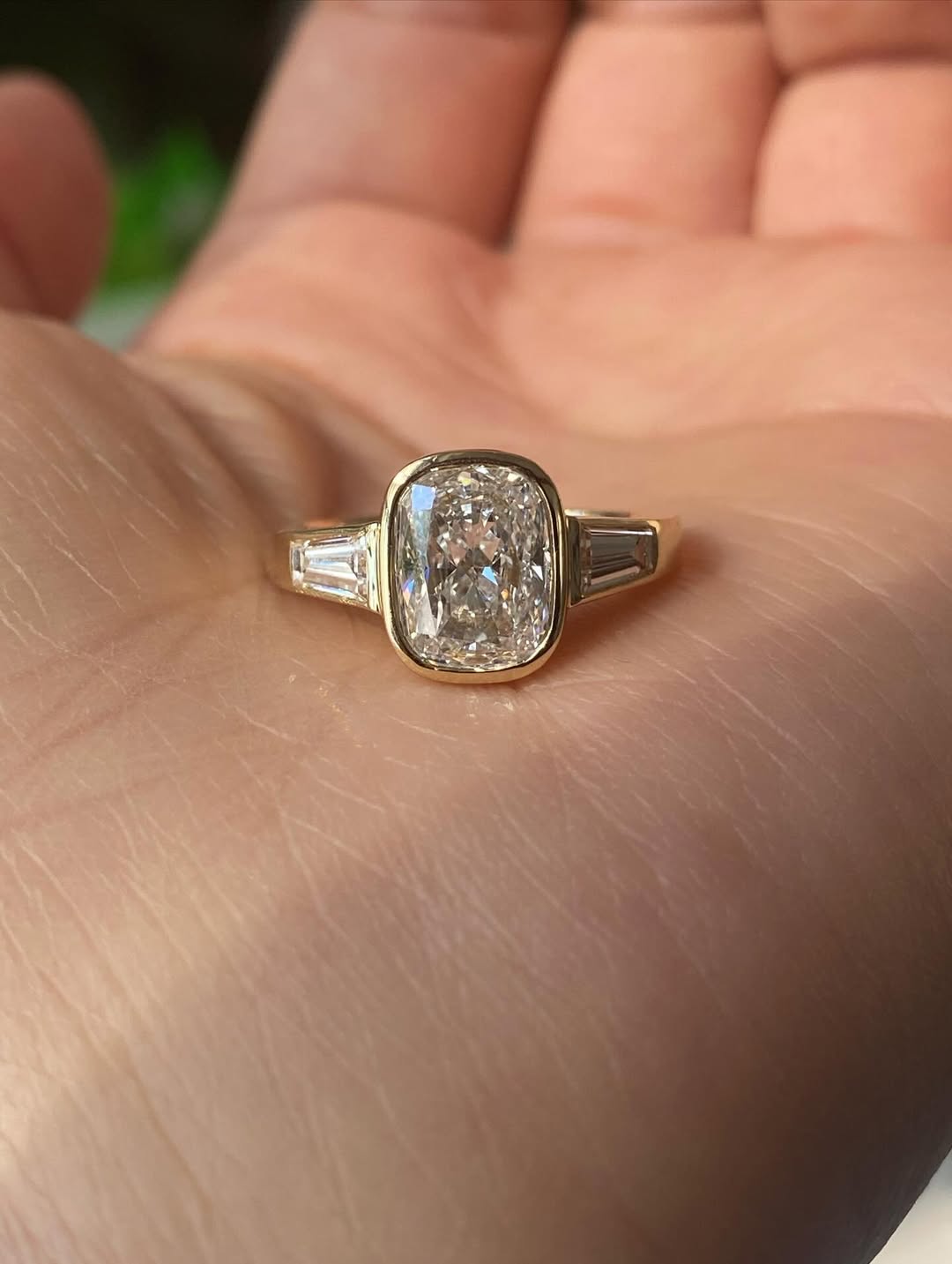 Cushion Cut Lab Grown Diamond Engagement Ring, Tapered Baguette Side Stone Ring, 14K Yellow Gold, Three Stone Diamond Ring, Proposal Ring