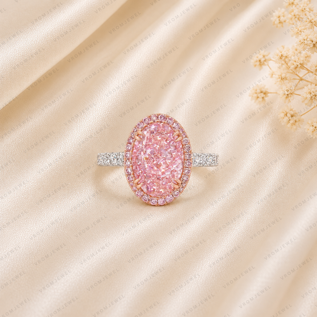 5 Carat Pink Oval Lab Grown Diamond Halo Engagement Ring, Oval Diamond Ring, IGI Certified, 10K 14K 18K Gold