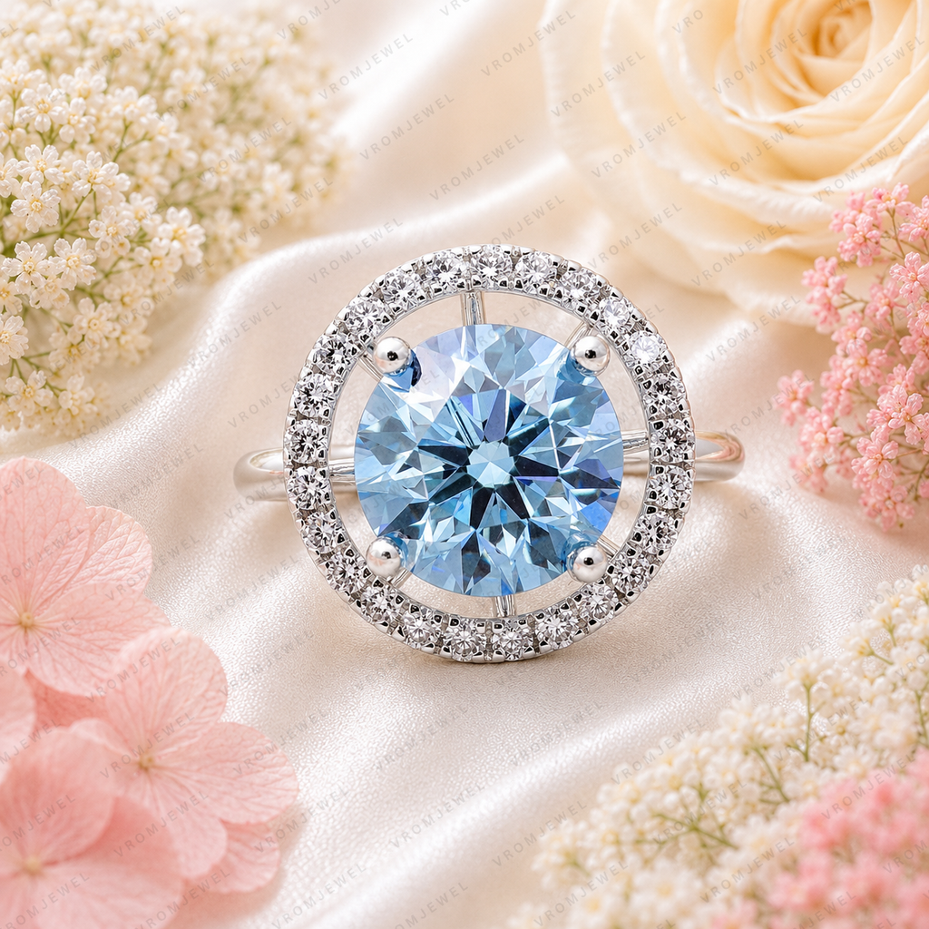 Blue Round Lab Grown Diamond Ring, 5 Carat Blue Diamond Engagement Ring, Round Cut Halo Ring, Pavé Diamond Halo, Unique Statement Ring