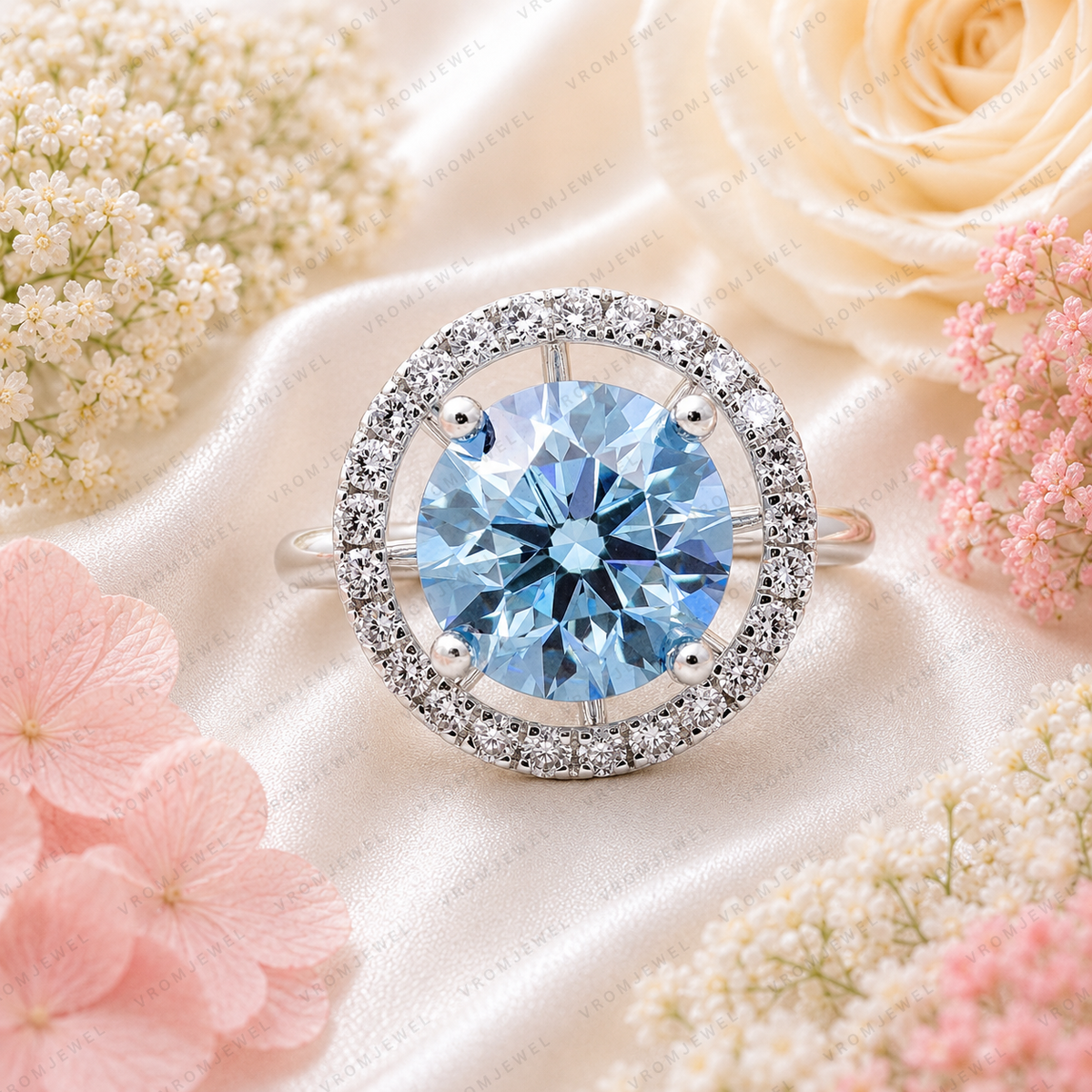 Blue Round Lab Grown Diamond Ring, 5 Carat Blue Diamond Engagement Ring, Round Cut Halo Ring, Pavé Diamond Halo, Unique Statement Ring
