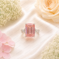 Pink Emerald Cut Lab Grown Diamond Engagement Ring, Halo Diamond Ring, Pink Diamond Ring, Pavé Band, 4 Prong Setting, 10K 14K 18K Gold