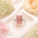 Pink Emerald Cut Lab Grown Diamond Engagement Ring, Halo Diamond Ring, Pink Diamond Ring, Pavé Band, 4 Prong Setting, 10K 14K 18K Gold