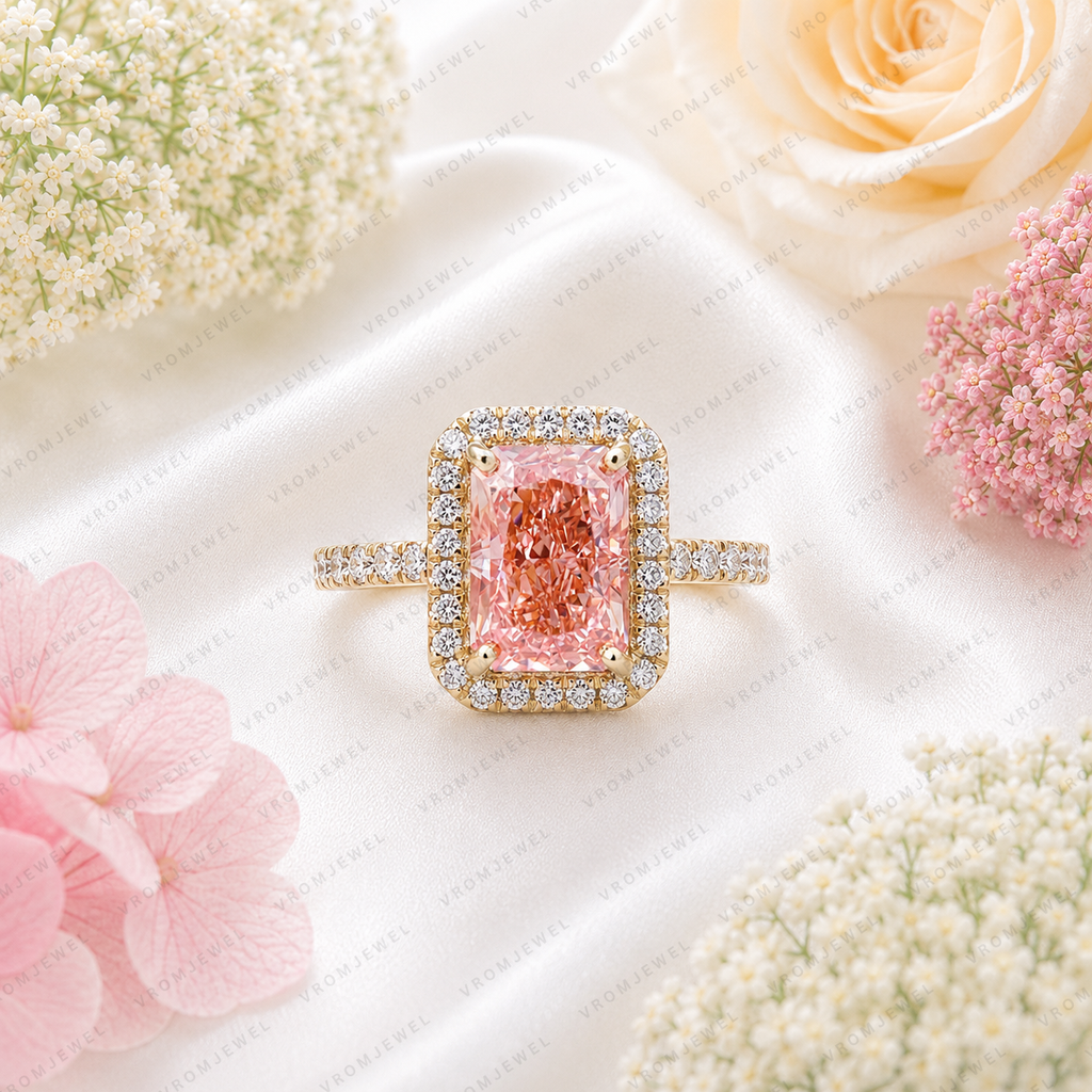 Pink Radiant Cut Lab Grown Diamond Engagement Ring, Halo Diamond Ring, Pink Diamond Ring, Pavé Band, 4 Prong Setting, 10K 14K 18K Gold
