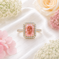 Pink Radiant Cut Lab Grown Diamond Engagement Ring, Halo Diamond Ring, Pink Diamond Ring, Pavé Band, 4 Prong Setting, 10K 14K 18K Gold