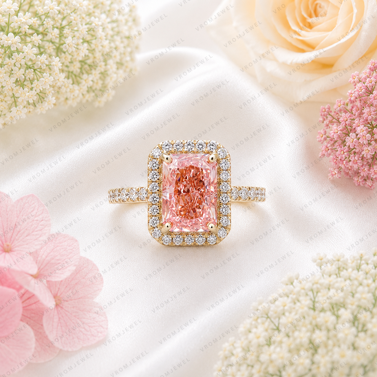 Pink Radiant Cut Lab Grown Diamond Engagement Ring, Halo Diamond Ring, Pink Diamond Ring, Pavé Band, 4 Prong Setting, 10K 14K 18K Gold