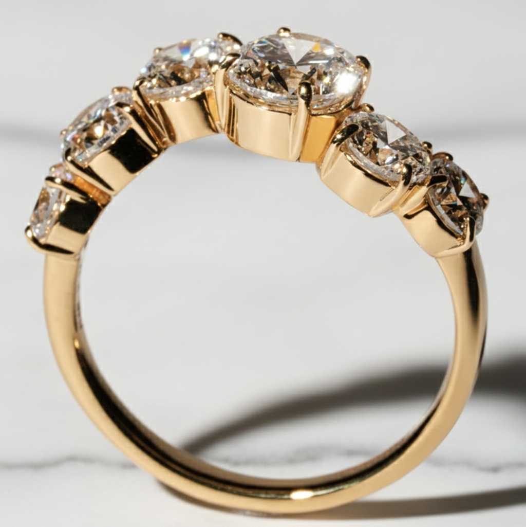 Round Diamond Wave Band | Lab Grown Diamond | 14K Yellow Gold Unique Curved Setting