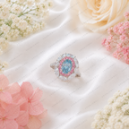 Blue Oval Lab Grown Diamond Ring, 1.30 Carat Blue Diamond Engagement Ring, Pink Round & F Color Marquise Accents, Floral Halo Ring