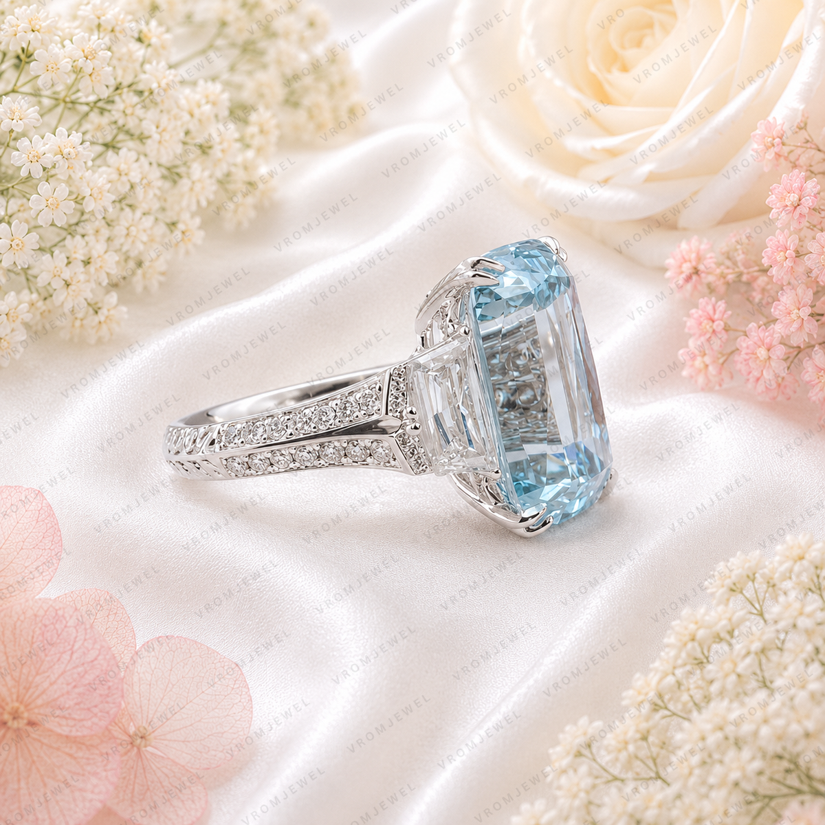 Blue Criss Cut Lab Grown Diamond Engagement Ring, 5 Carat Blue Diamond Ring, Criss Cut Statement Ring, Baguette Side Stones, Pavé Band