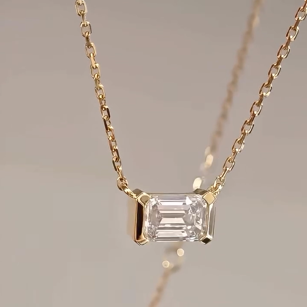 Dainty Emerald Cut Half Bezel Pendant Necklace | Lab Grown Diamond | 14K Yellow Gold